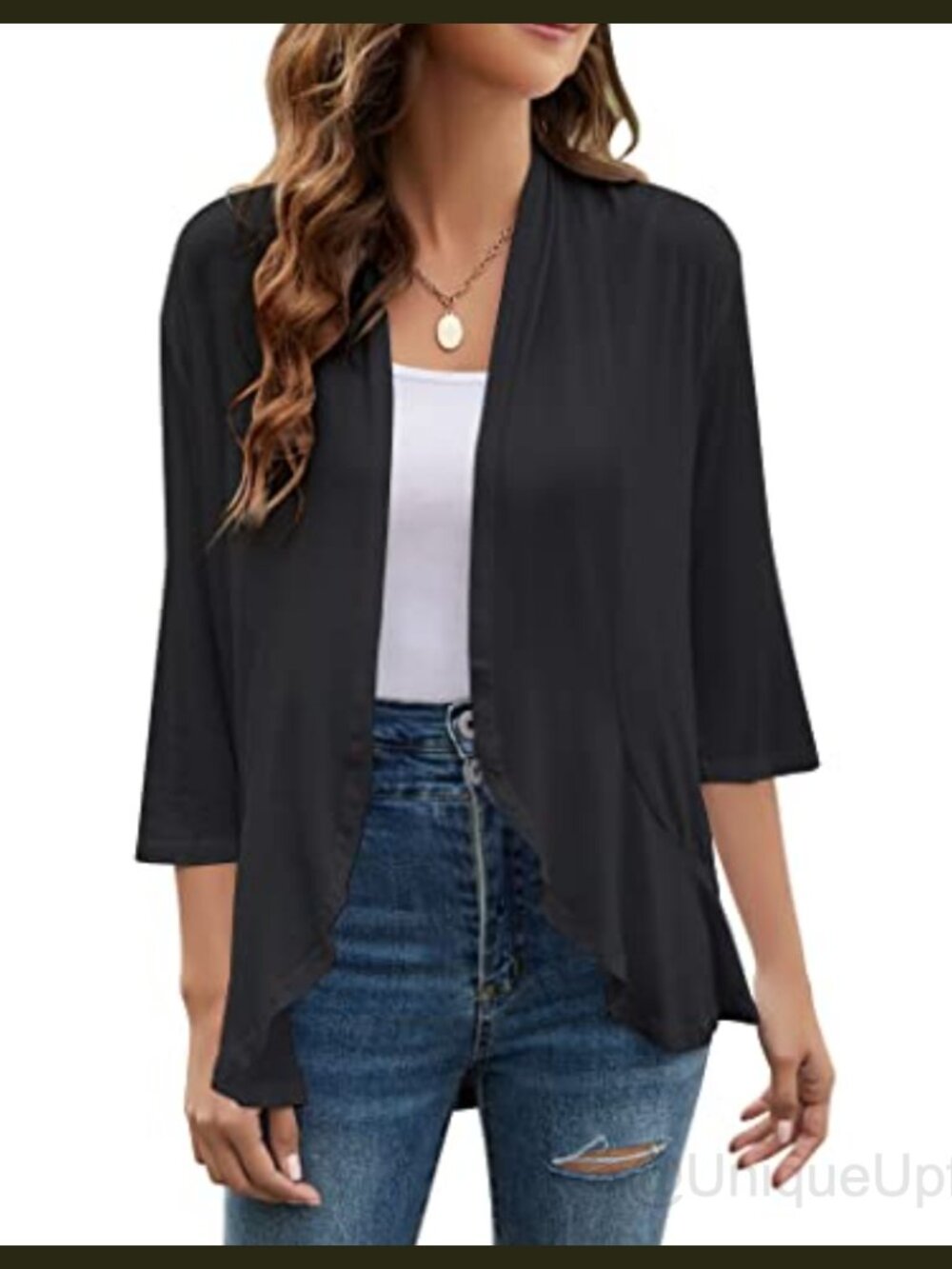 Women's Lightweight Open Front Cardigan 3/4 Sleeve Draped Ruffle Summer